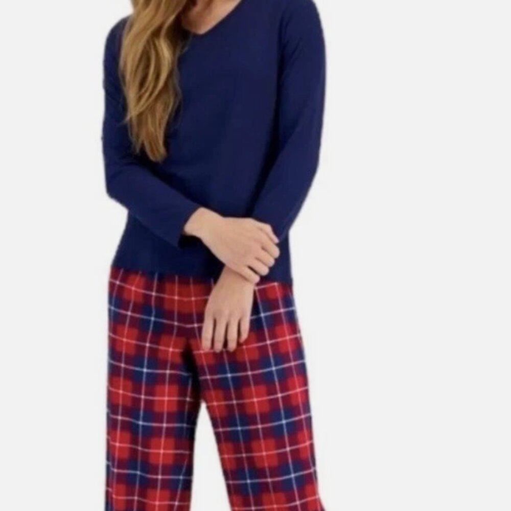 NEW Charter Club V-Neck & Flannel Pants Pajama Set Candy Red Plaid | Size XL